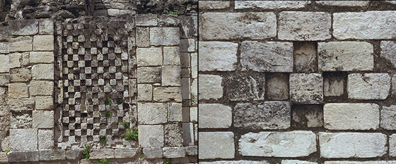 Becán architectural motifs: Checkerboard design and recessed cross design