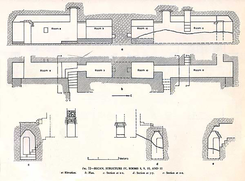 Becán: Ruppert and Denison 1943 Expedition drawing of interior rooms and stairways of Structure IV Level 3