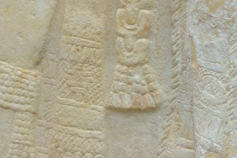 Bonampak Stela 2: Closeup of the rich textiles portrayed in this stela