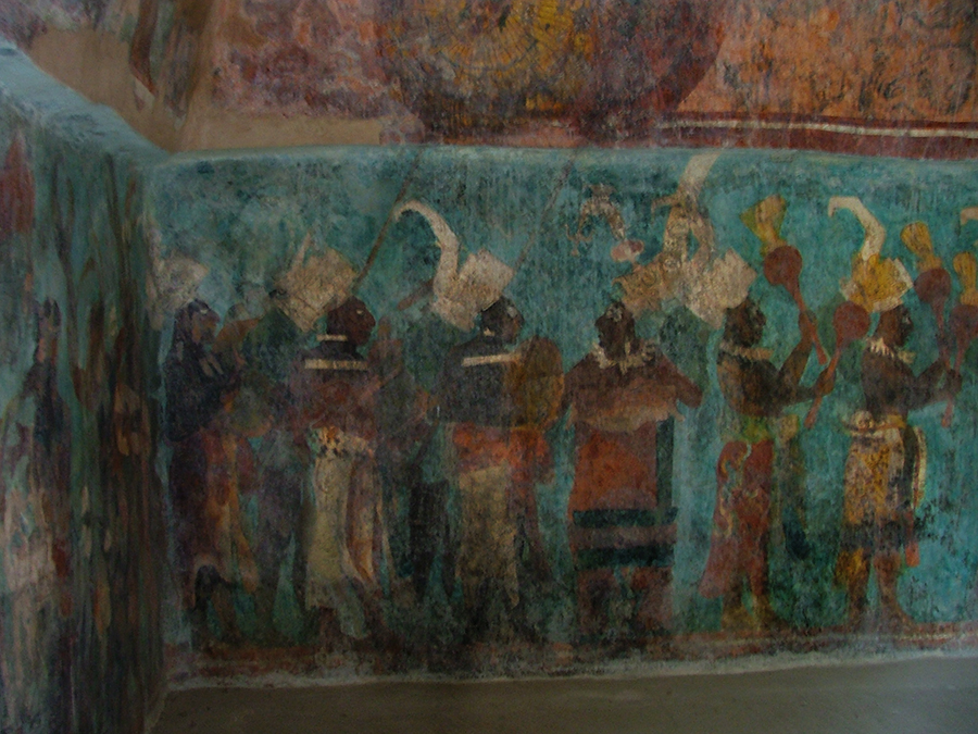 Bonampak Murals, Room 1, lower register, center wall: Three turtle-carapace players with drummer