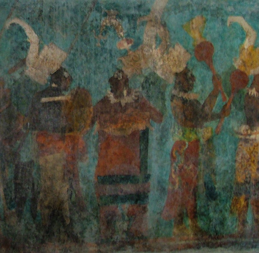 Bonampak Mural Room 1, lower register, center wall: Drummer and Percussionists