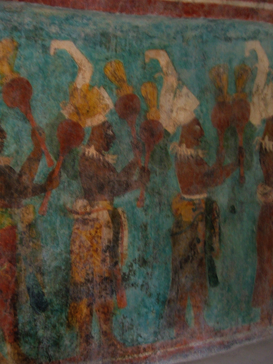 Bonampak Room 1, lower register: gourd rattle players