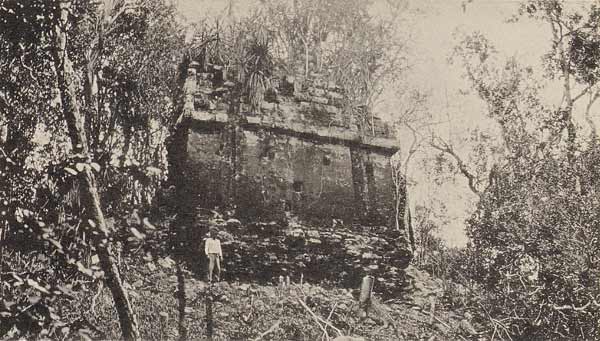 Historic 1932 photo of the south facade of Structure III at Calakmul