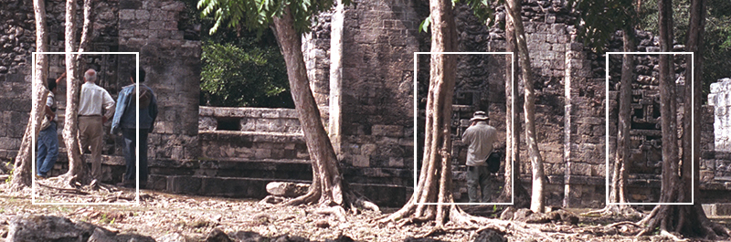 Chicanná, Str. VI with links to close ups of the abstract serpent panels