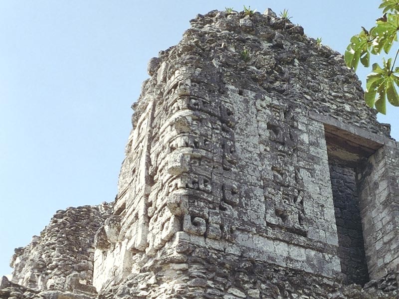 Chicanná, Structure XX upper temple showing side doorway panel with abstract serpent motifs