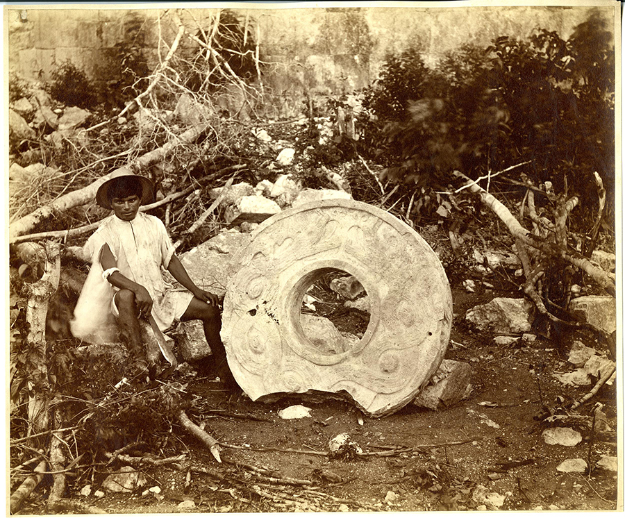 1889 photo of a fallen ballcourt ring from the Great Ballcourt