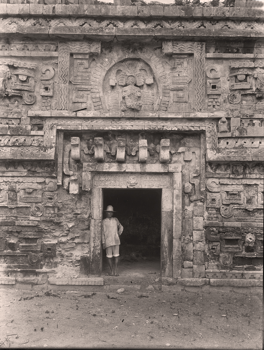 Maudslay’s 1889 closeup photo of doorway on the eastern end of the wing of Casa de Monjas or Nunnery at Chichen Itza