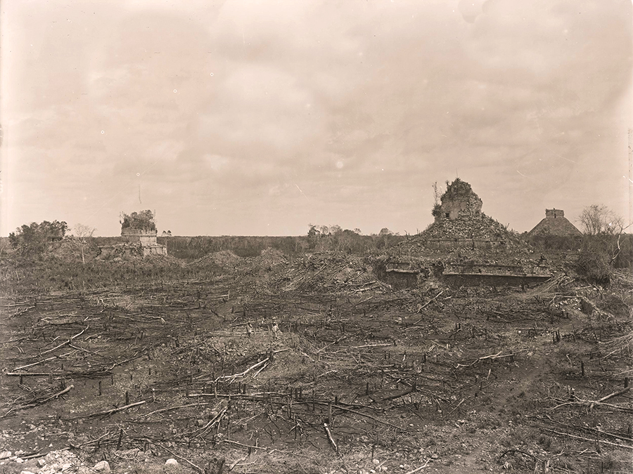 Maudslay’s 1889 photo of view from La Monjas: Caracol (center right), Casa Colorada (left), and El Castillo (far right)