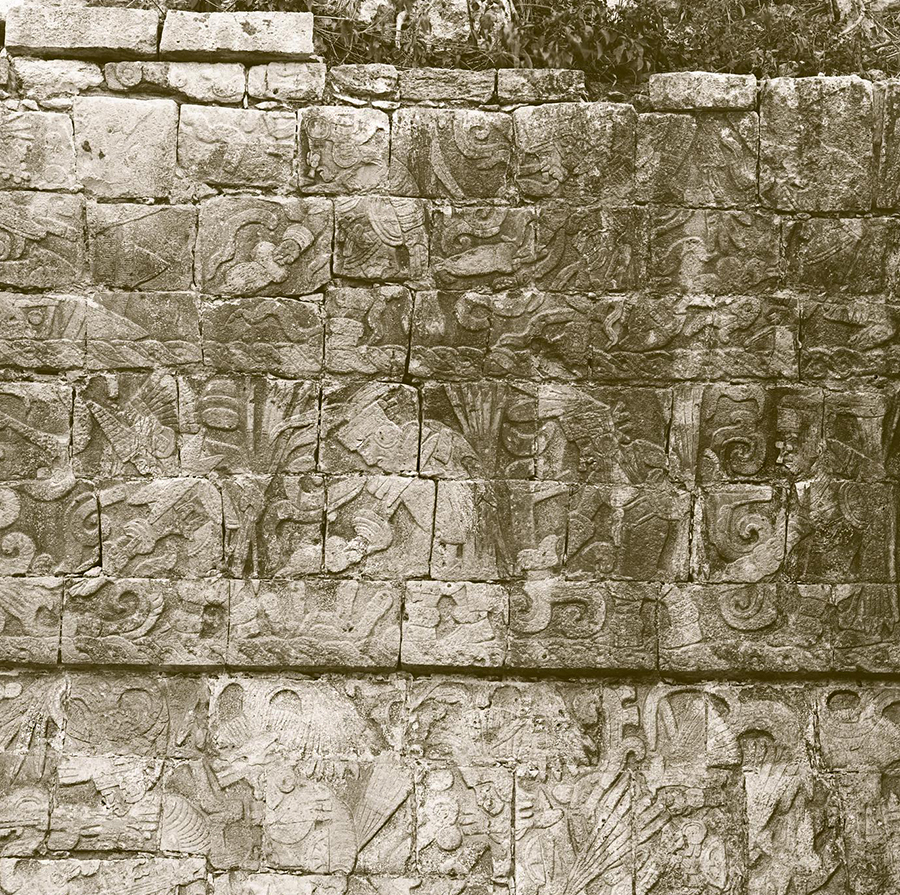 1889 photo of intact back panel of Sculptured Chamber, Chichén Itzá