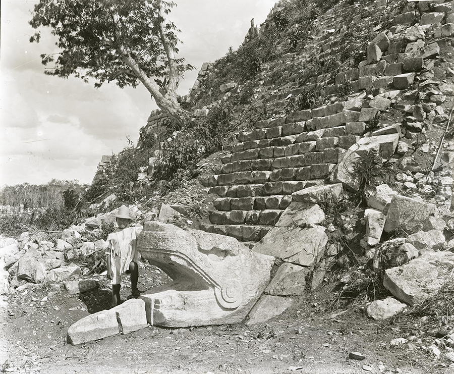 Maudslay’s 1889 photo of the giant feathered serpent heads anchoring the balustrad of the Temple of Kukulkan