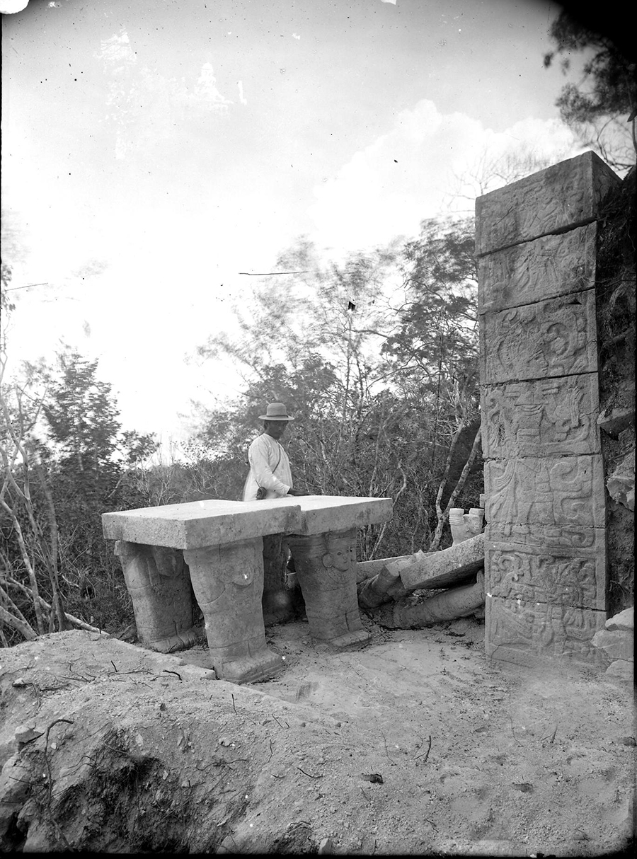 Maudslay’s photo of parts of the Atlantean altar and the small figures supporting it, with detail from square warrior column near it