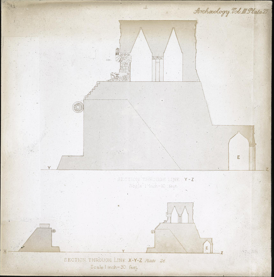 Maudslay’s reconstructive drawing: Jaguar Temple and Sculptured Chamber, Chichén Itzá Great Ballcourt