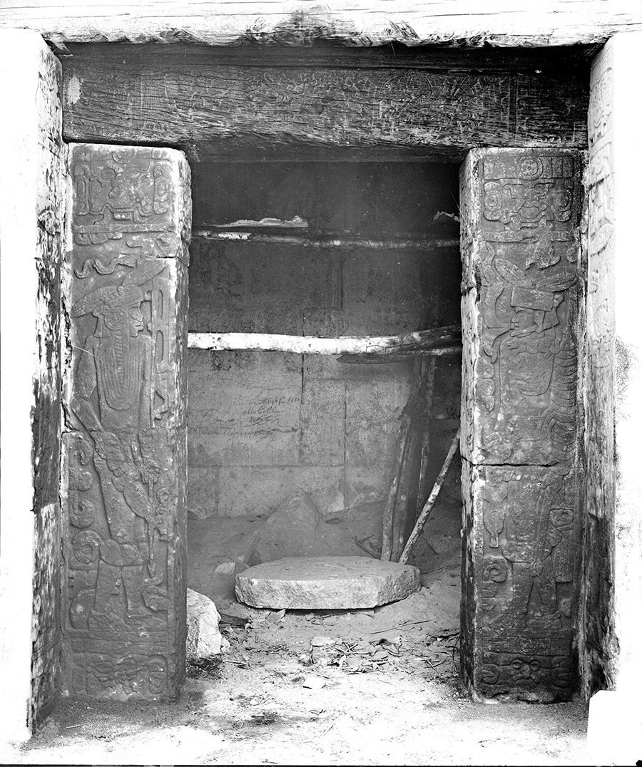 1889 Maudslay photo of doorway to inner sanctum, Jaguar Temple, Chichén Itzá