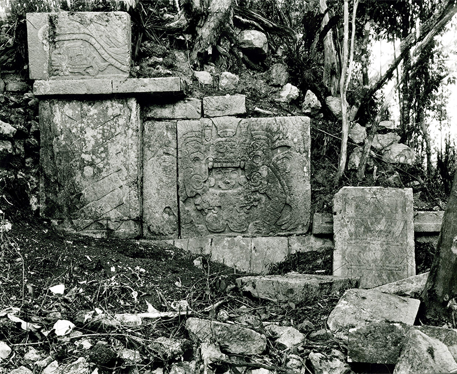 Maudslay’s 1889 photo of carved blocks from the Venus Platform that lay scattered around the central mound when he visited