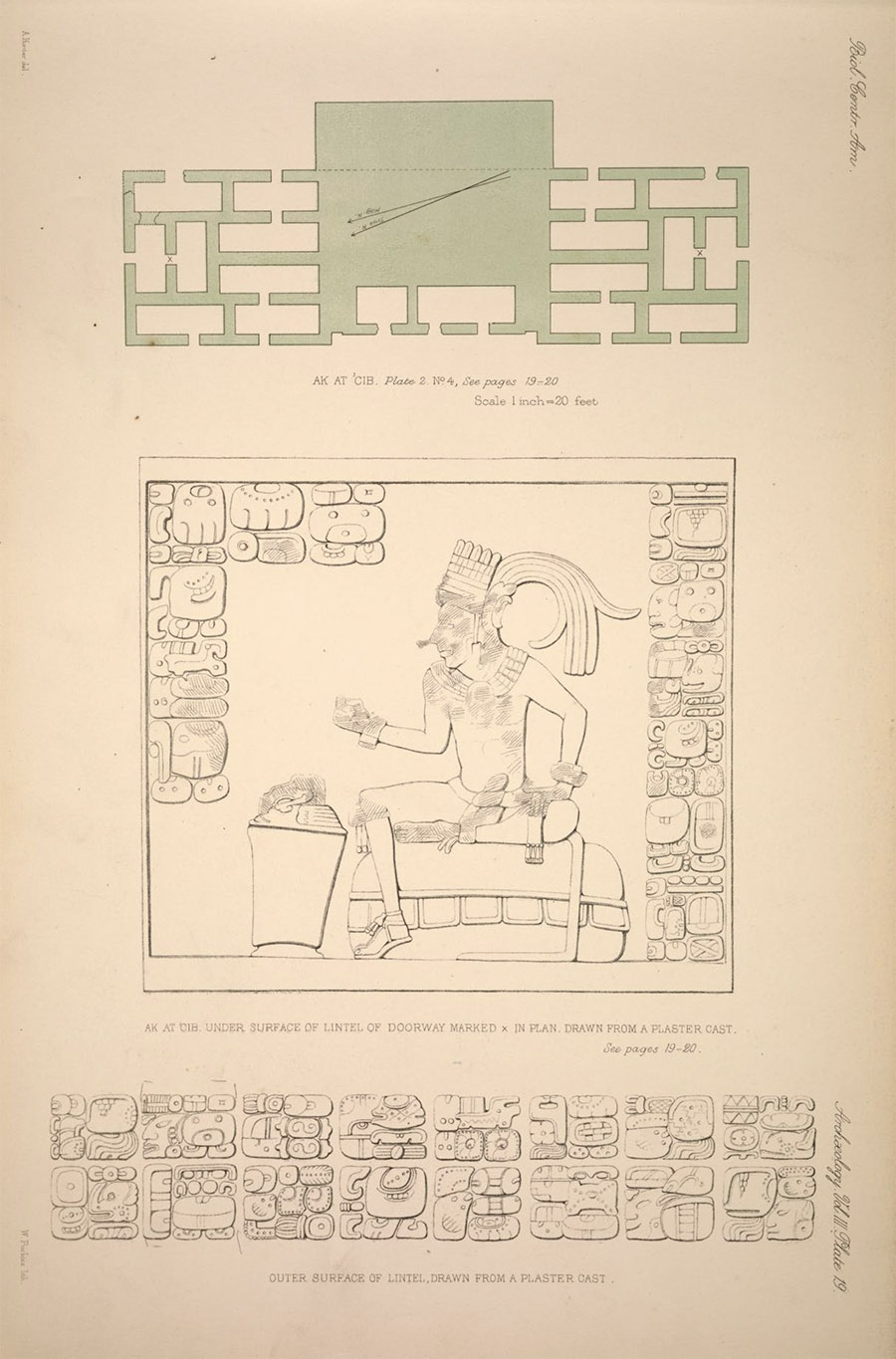 Image from Maudslay’s Biologia Centrali-Americana: Archaeology, Volume V showing building diagram and lintel inscriptions from Akab Dzib at Chichén Itzá