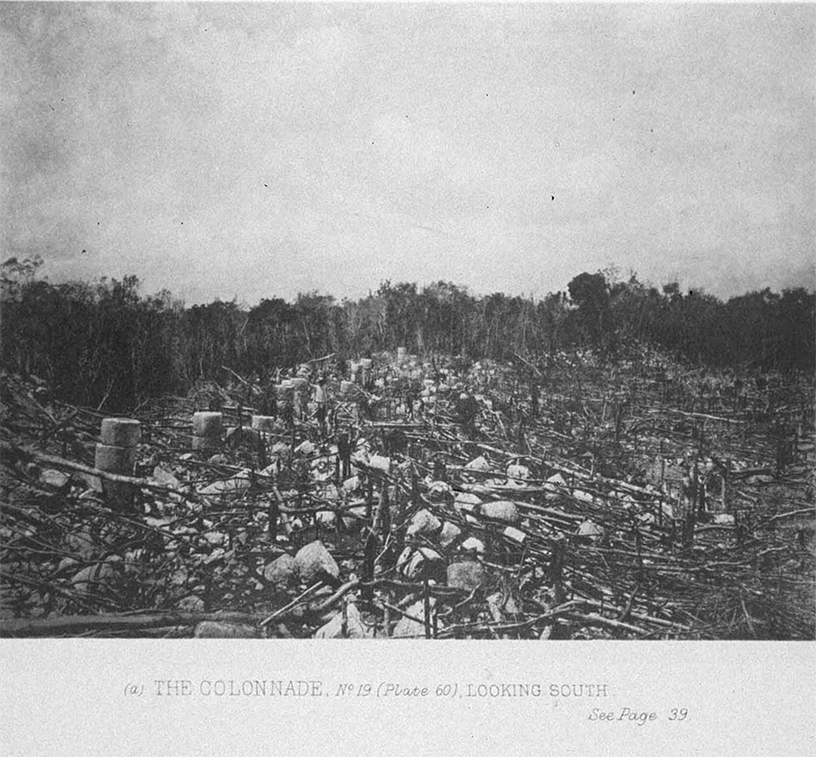 Maudslay’s 1889 photo of the fallen pillars of the Colonnade looking south'