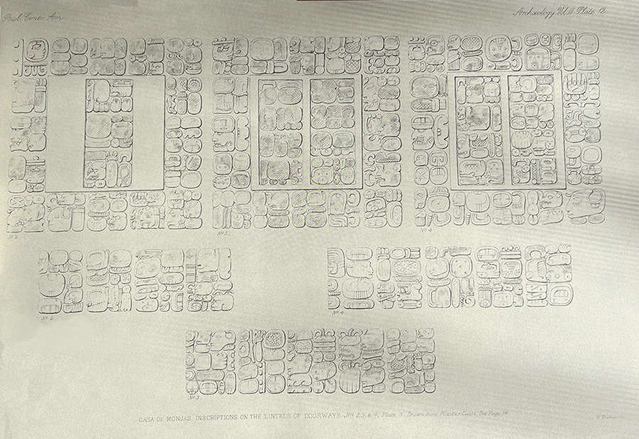 Maudslay’s 1889 drawing on glyphs decorating the lintels of doorways on the upper chamber of Casa de Monjas at Chichen Itza