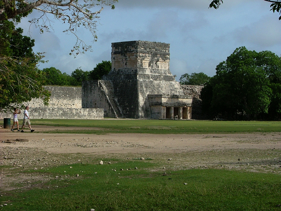Modern photo of restored Jaguar Temple and lower Sculptured Chamber, Chichén Itzá