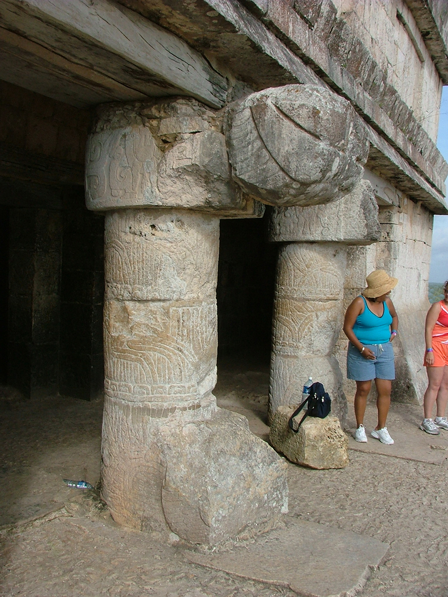 Modern photo of the columns supporting the front façade of El Castillo, the Temple of Kukulcan at Chichén Itzá