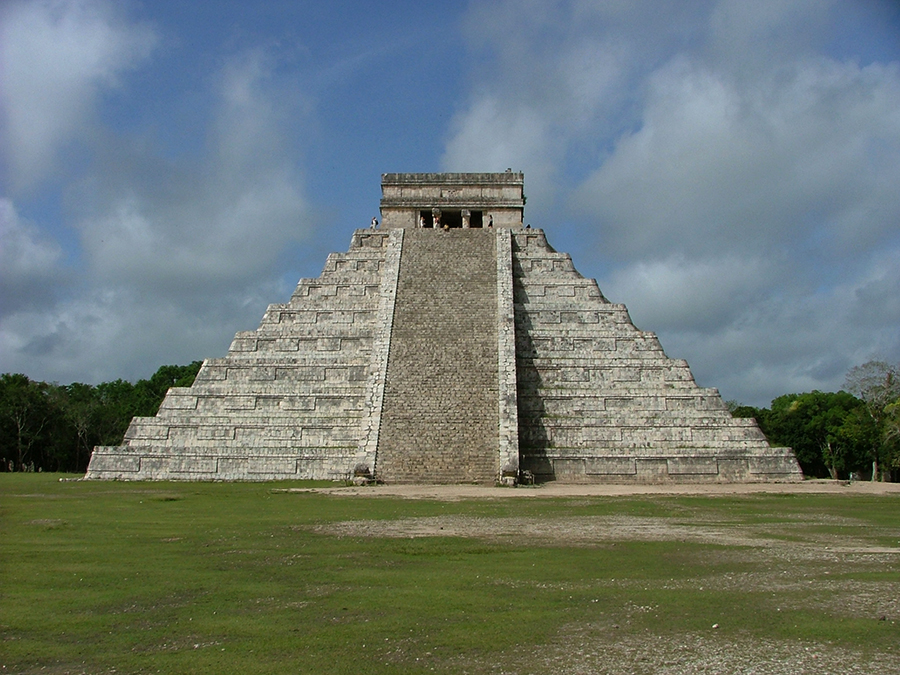Photo of the Temple of Kukulcan from the east, showing the completely restored front of the pyramid