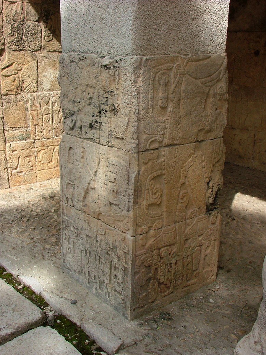 Modern photo of restored column, Sculptured Chamber, Lower Temple of the Jaguar, Chichén Itzá