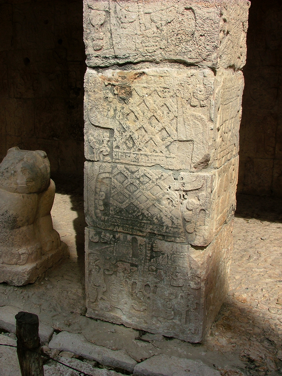 Modern photo of righthand sculptured column in Temple E of Ballcourt complex, Chichén Itzá