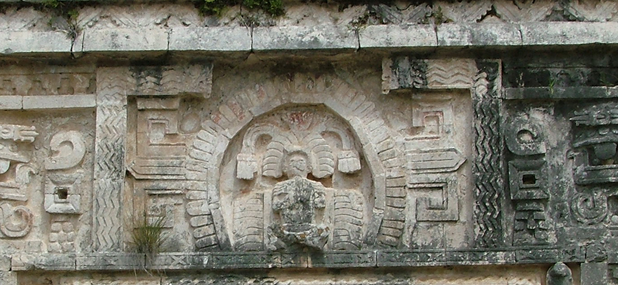Closeup of the medalian with sitting figure over a sky band, East Annex, Chichén Itzá