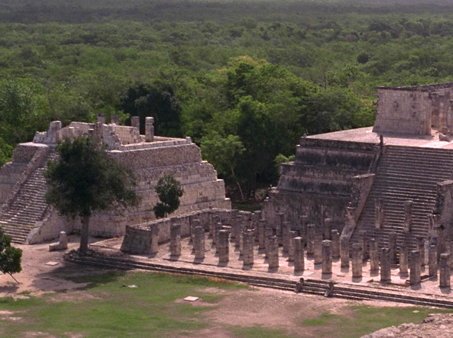 Photo from El Castillo showing the smaller Temple of the Tables and the northern part of the Temple of the Warriors