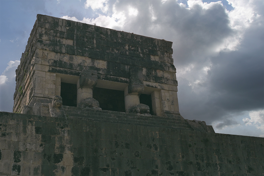 Modern photo of the restored Upper Jaguar Temple, Great Ballcourt, Chichén Itzá