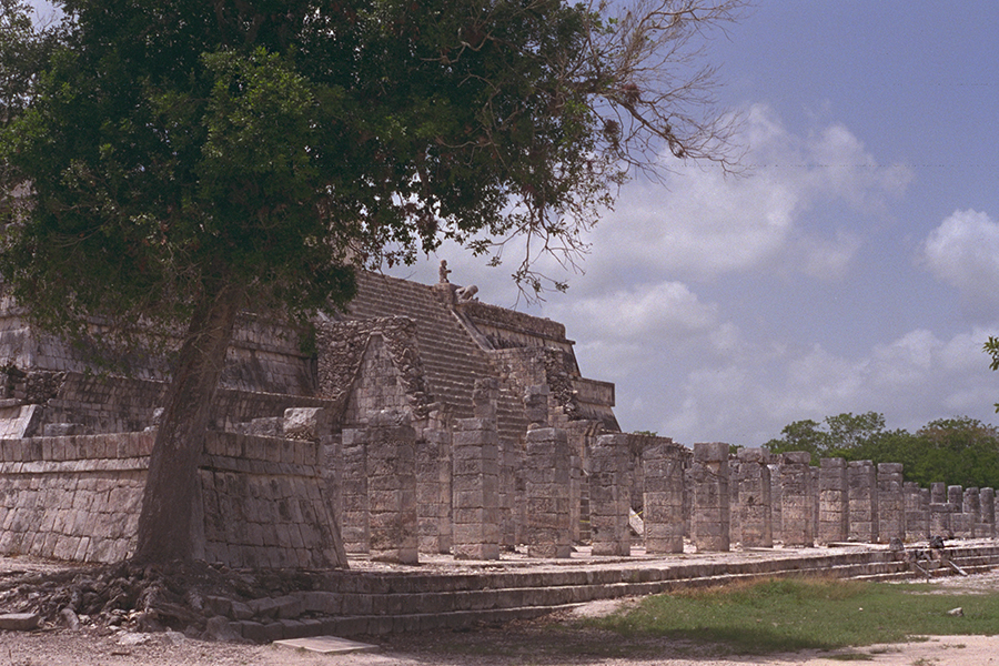 Temple of the Warriors seen from the north, showing ground level columns and grand staircase