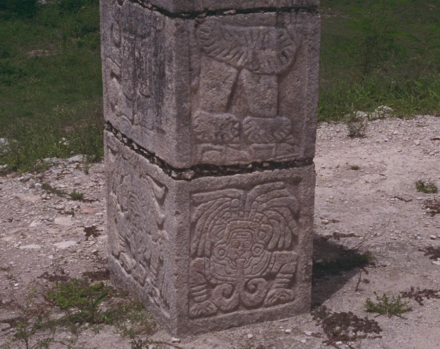 Detail of the small figures carved into the base of the columns at the Temple of the Warriors