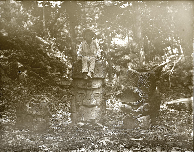 Maudslay's 1890 photo of incensarios, Copan East Court