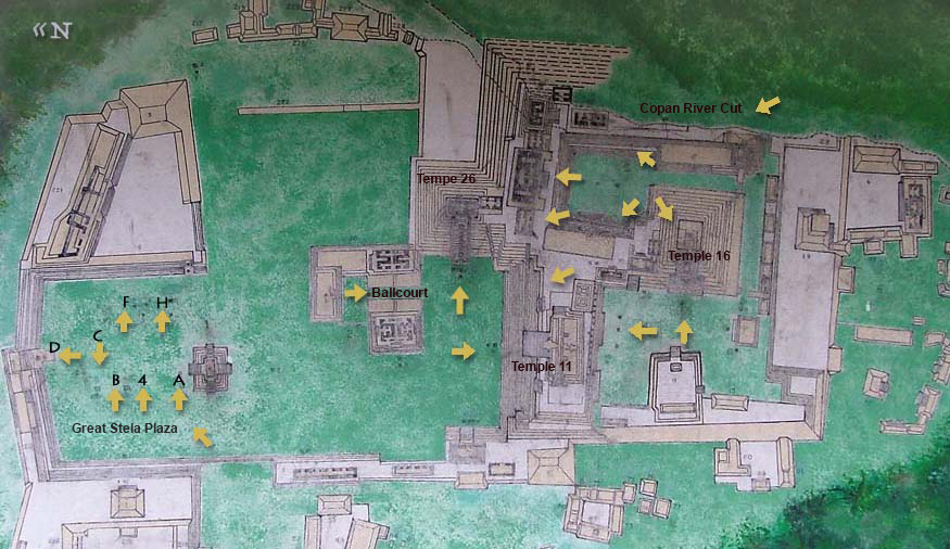 Clickable archaeological map of Copan ruins with links to photos of structures and views