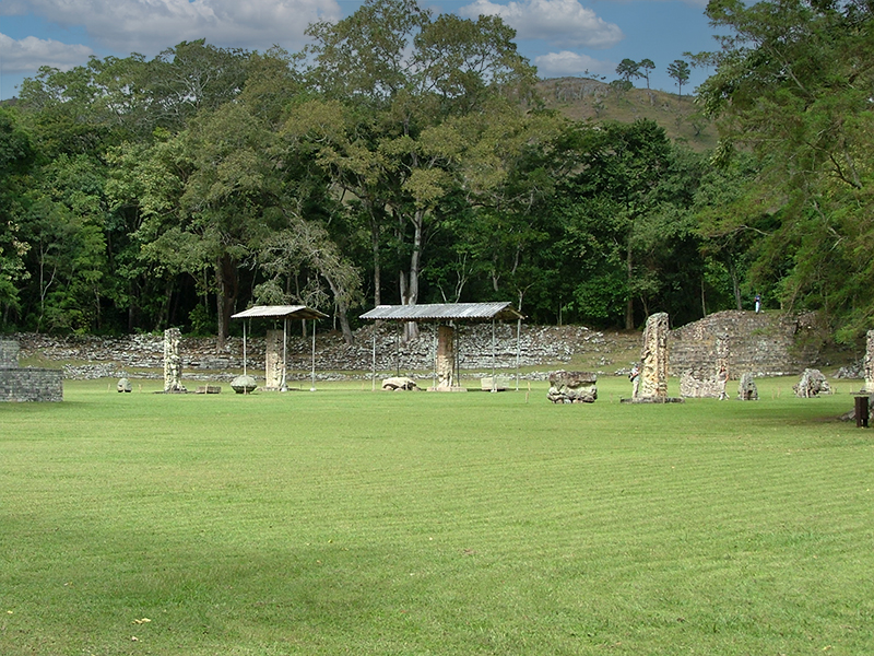 Stela and altars in the Great Plaza at Copan