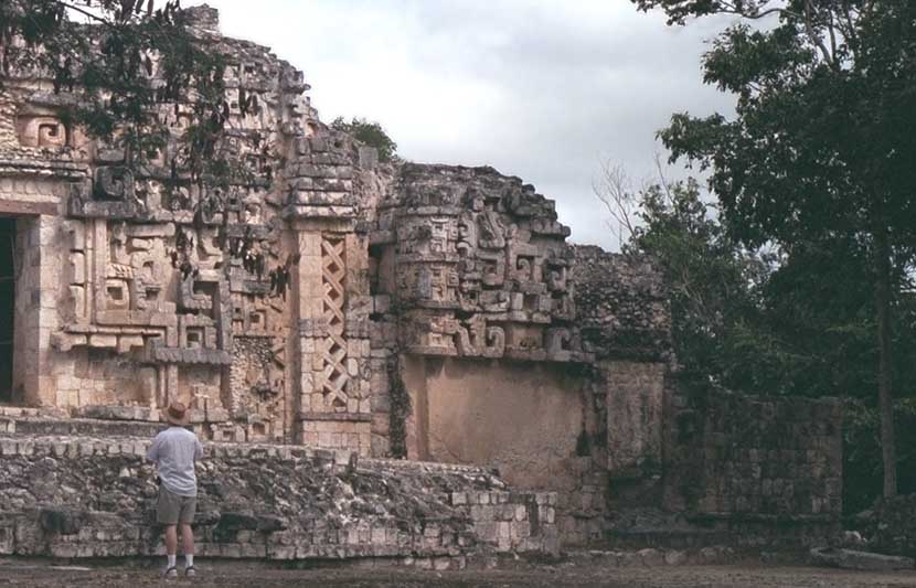 Detail of Chaak masks on the corners of the lateral wings