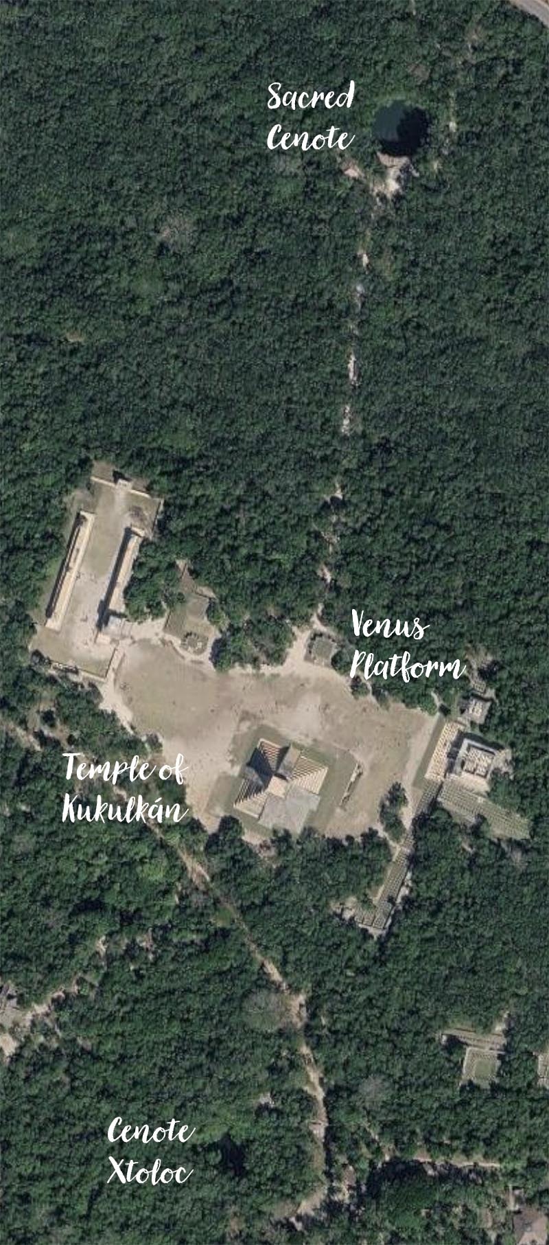 Google Map showing the relative placement of the Sacred Cenote, the Venus Platform, the Temple of Kukulkan and Cenote Xtolok.