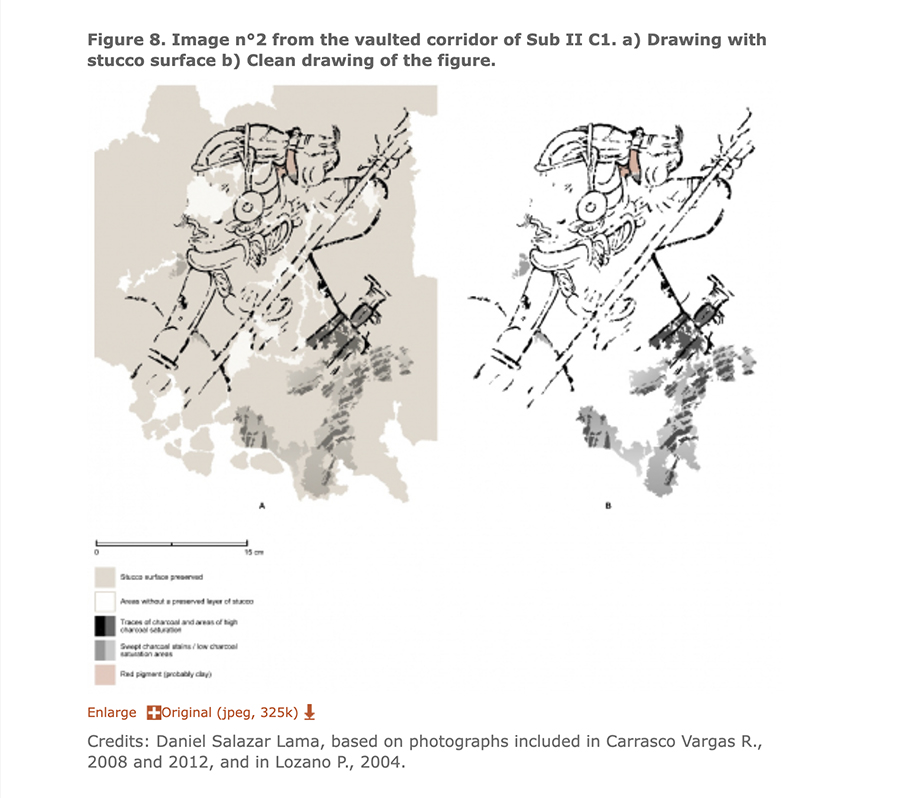 Calakmul, Structure II-sub-C1 Drawing of the Lord of the Spear, the hero twin Hunahpu found within the architectural caves of Structure II-C