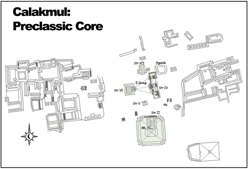 Map of Calakmul with buildings which have been identified as having Preclassic substructures marked in green