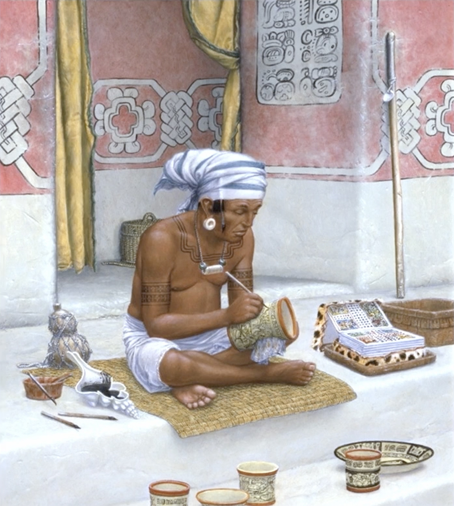 Illustration of Codex pottery painters in Mirador Basin