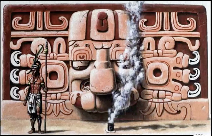 Reconstructive drawing of masks on Great Jaguar Paw Temple, El Mirador