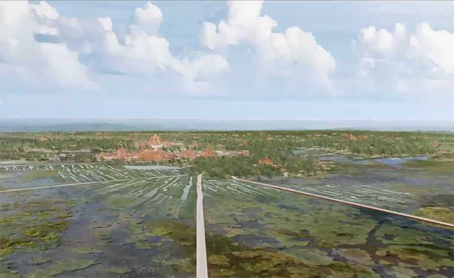 artists conception of swamp chinampus system surrounding El Mirador