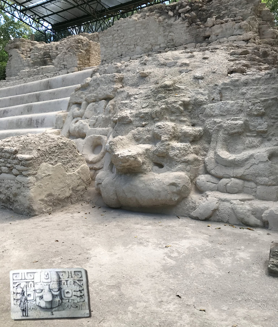 Wide view of Jaguar paws flanking masks on stairway to uppper Jaguar Paw Temple (Structure 34), El Mirador