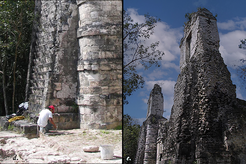 Architectural details of the false pyramids and steep non-functional stairs at Río Bec B