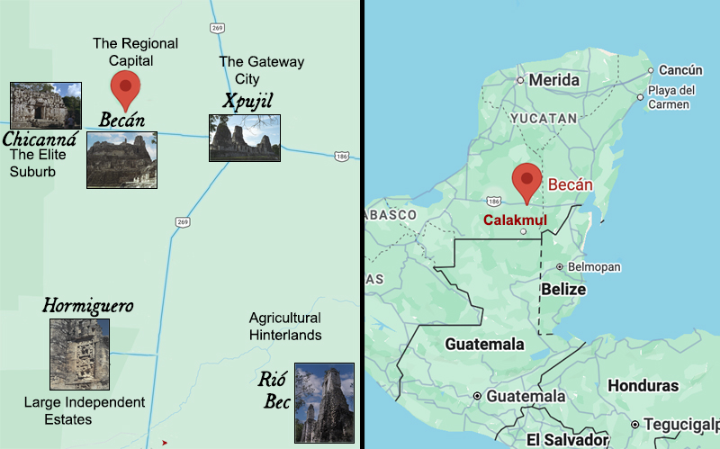 Map showing east/west overland trade routes with locations of Xpujil, Becan, Chicanna, Rio Bec and Hormiguero