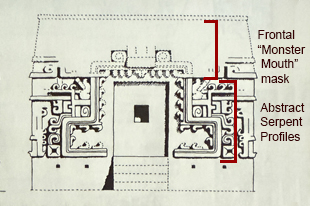 Paul Gendrop's reconstructive drawing of the monster-mouth temple atop the central tower of Xpujil Structure I