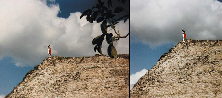 A Maya shaman performing a ritual with candles and gourds atop the pyramid