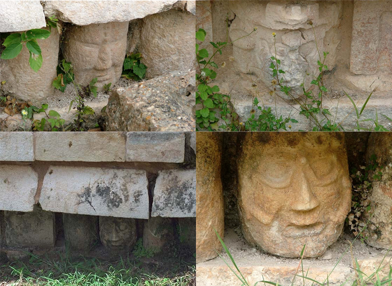 Composite photo of carved heads representing ancestral figures in Labna Palace foundations