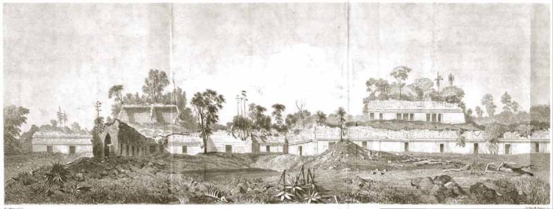 Catherwood etching showing the frontispiece view of the sprawling Palace of Labna