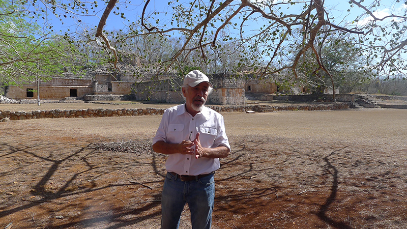 Panoramic view of the Labna Palace with archaeologist Tomás Gallareta