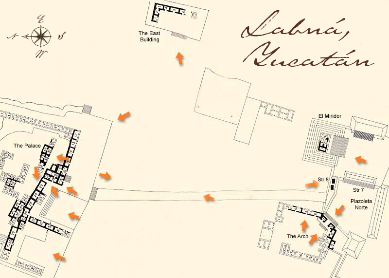 Archeological map of the ancient Mayan site of Labna showing the Palace and Mirador groups
